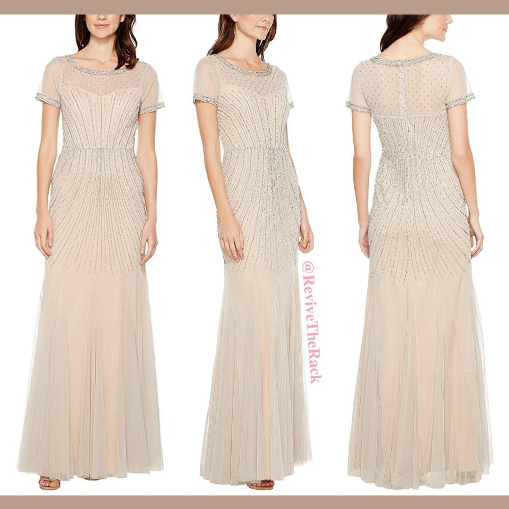 NEW Adrianna Papell Beaded Short Sleeves Godet Gown in Nude Silver [SZ 12‎ ]